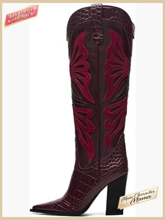 Shoes - Pointed Toe Chunky Heel Cowboy Boots Knee High Embroidered Butterfly Western
